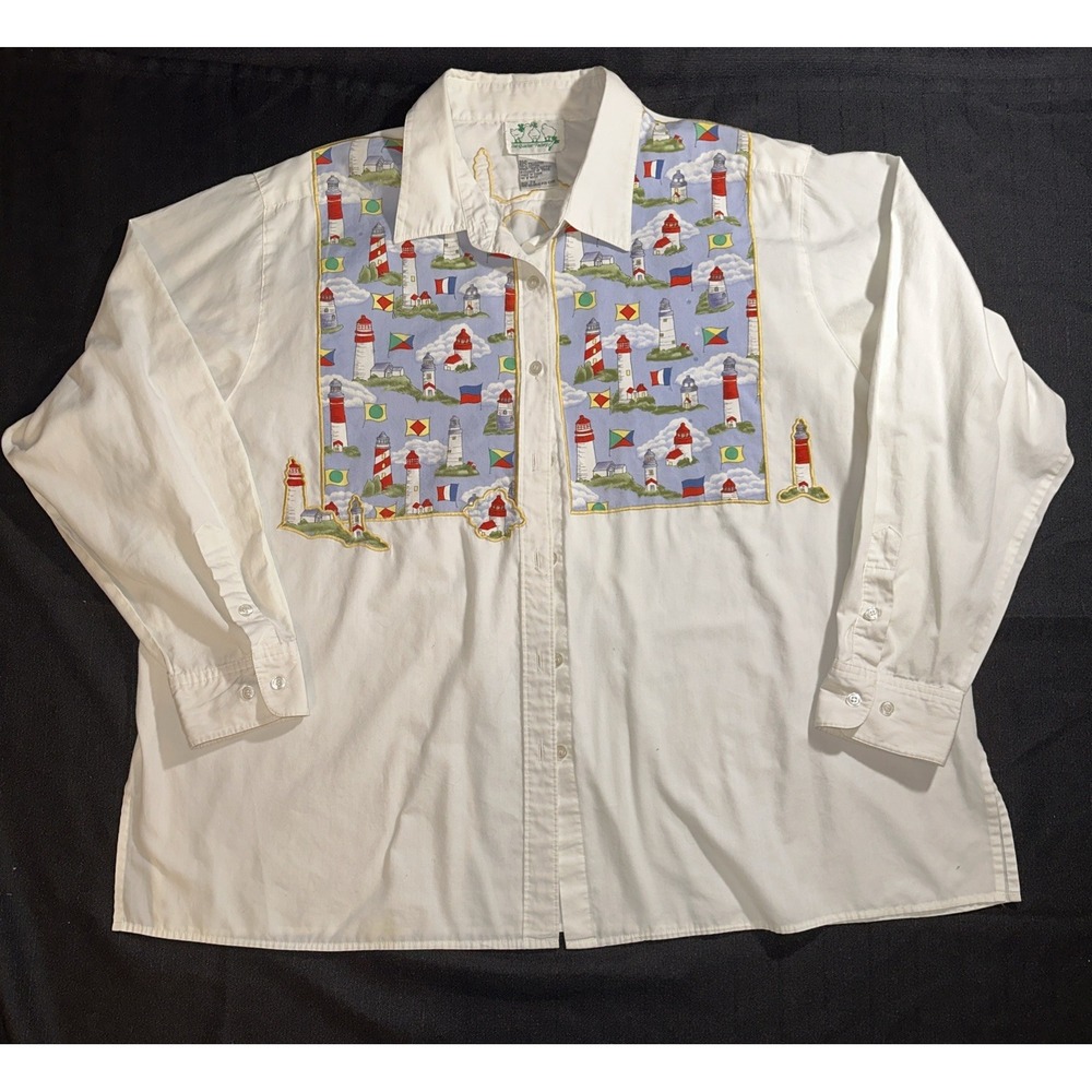 Quacker Factory Shirt Women 2XL Long Sleeve Button Down LightHouse Coastal Ocean